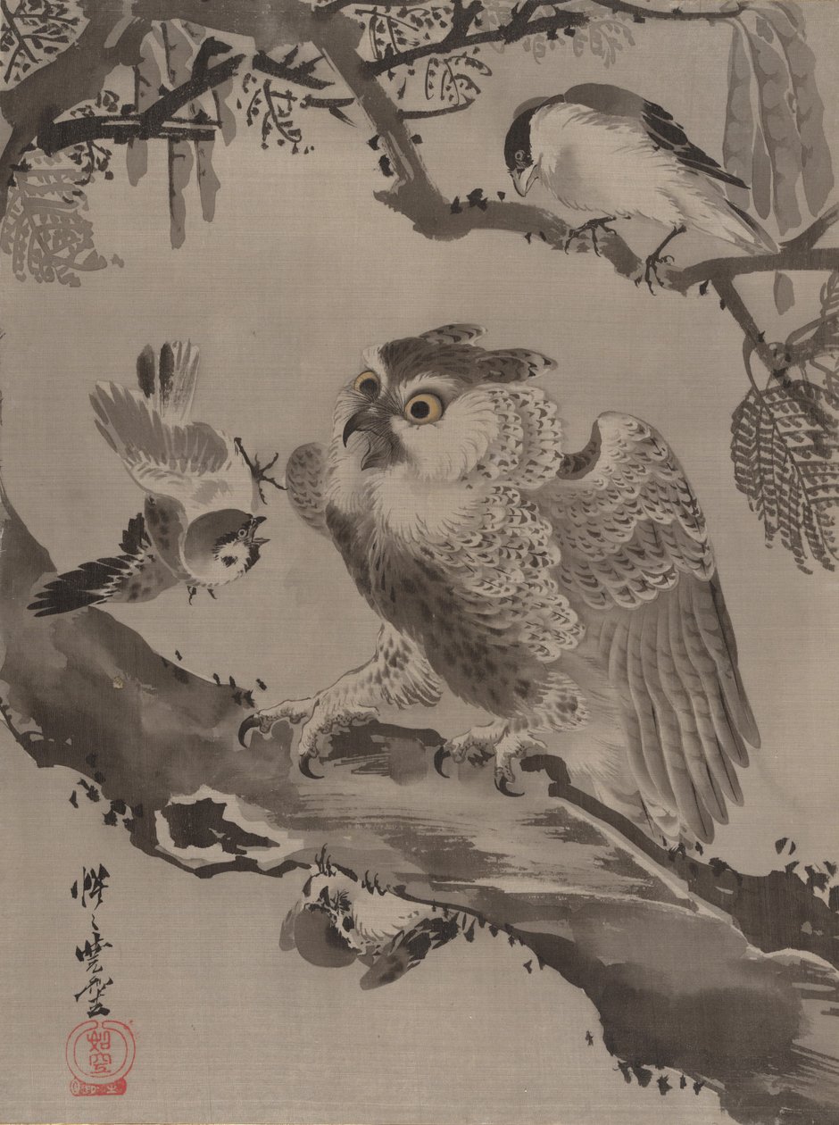Búho burlado por pájaros pequeños, ca. 1887 de Kawanabe Kyosai