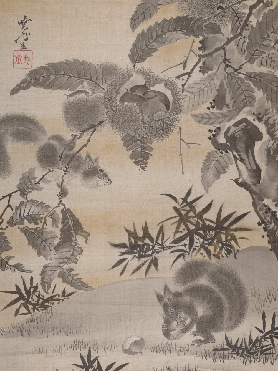 Ardillas recogiendo castañas de Kawanabe Kyosai