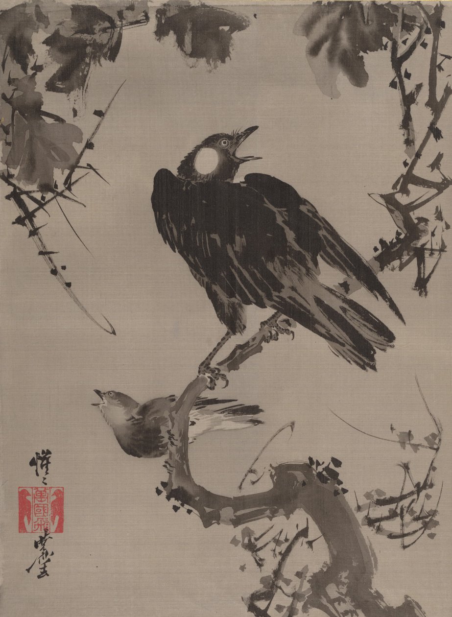 Estorninos en una rama de Kawanabe Kyosai