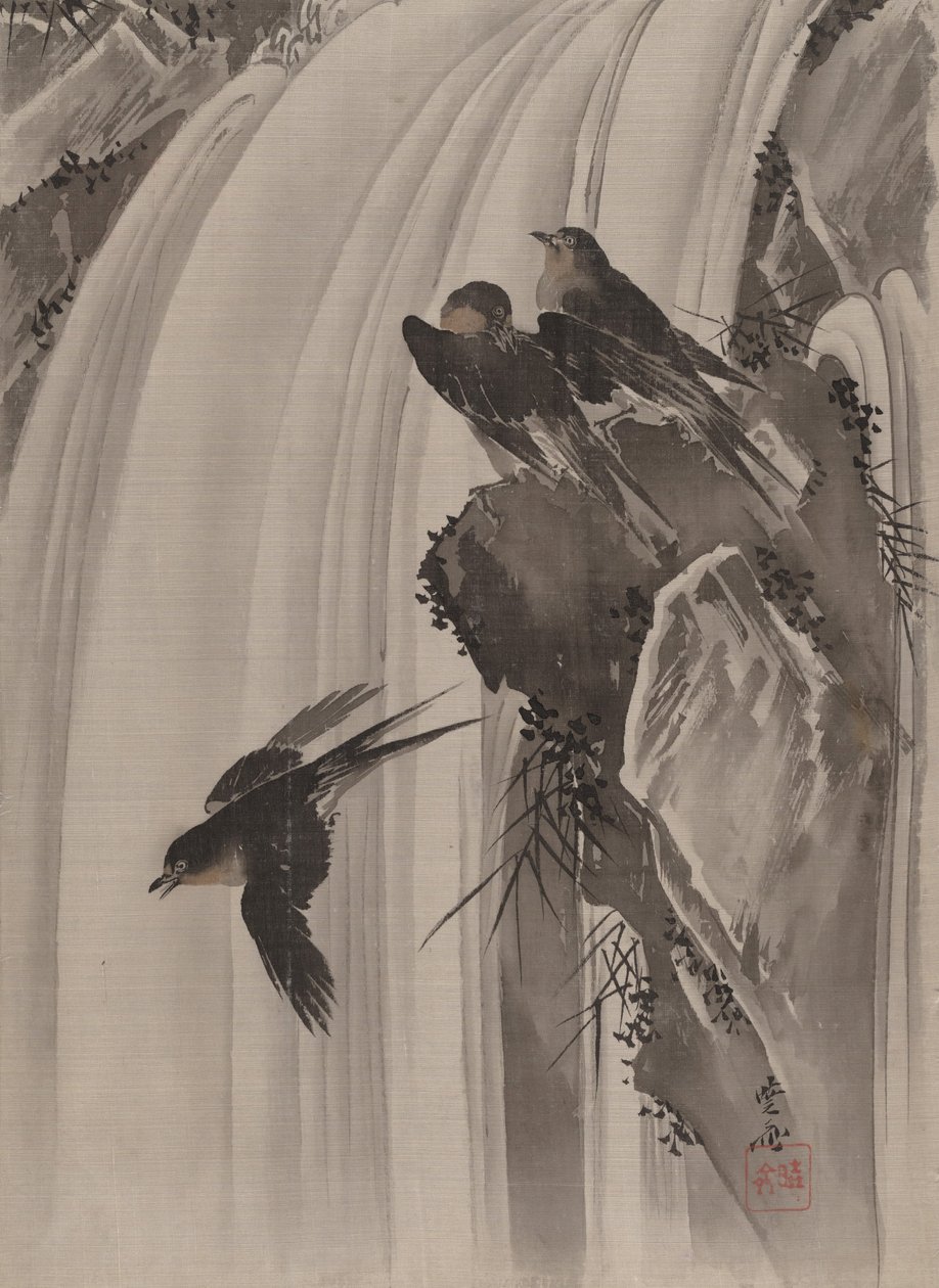 Golondrinas junto a una cascada, ca. 1887 de Kawanabe Kyosai