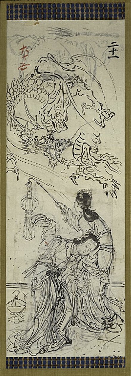 Dos chinas con dragón, uno de seis bocetos de Kawanabe Kyosai