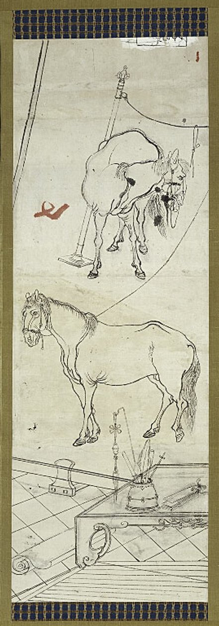 Dos caballos al estilo chino, uno de seis bocetos de Kawanabe Kyosai