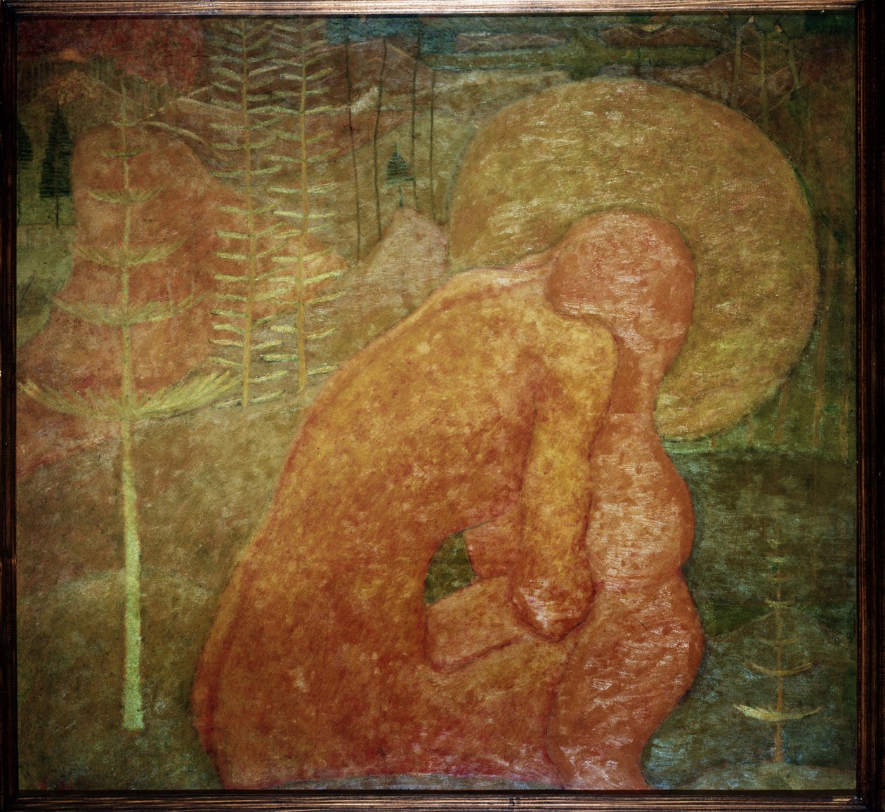 Boceto para un fresco. La oración. (Boceto para una pintura al fresco; Oración). Un personaje desnudo, en un paisaje selvático, se acurruca bajo su aureola. Obra de Kasimir Severinovich Malevich (Malevich, Malevic) (1878-1935), témpera sobre cartón de Kazimir Severinovich Malevich