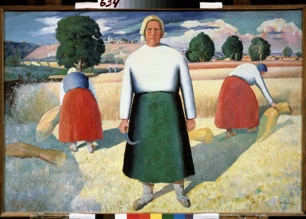 Cosechadores. (Segadores). Escena de trabajo agrícola, mujeres dobladas hacen gavillas de cereales en el campo, un trabajador de pie sostiene una pequeña hoz frente al sol. Pintura de Kasimir Severinovich Malevich (Malevich, Malevic) (1878-19 de Kazimir Severinovich Malevich