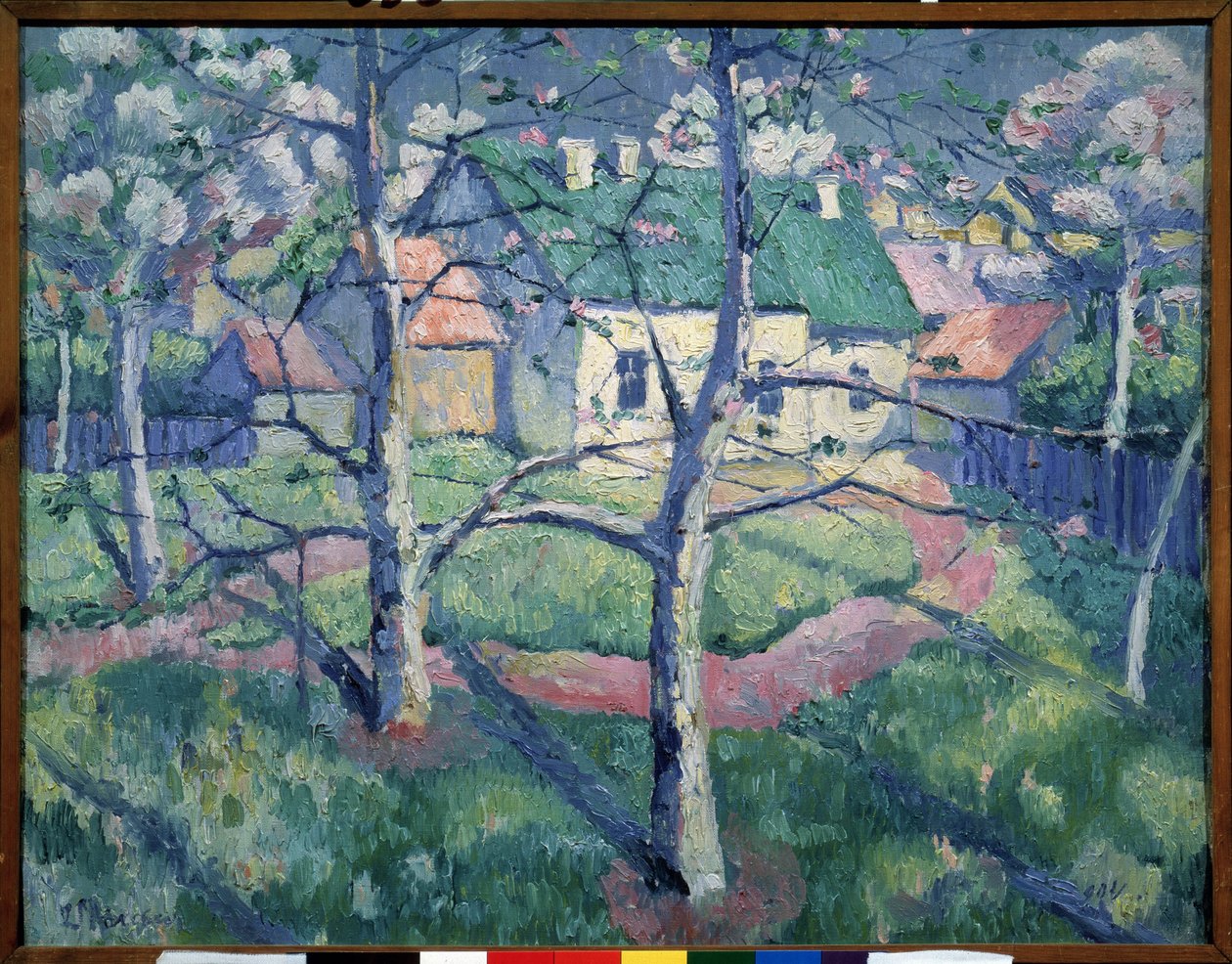 árboles de manzana en flor. Paisaje de campo en verano, algunas casas, un camino, árboles. Pintura de Kasimir Severinovich Malevich (Malevich, Malevic) (1878-1935), óleo sobre lienzo de Kazimir Severinovich Malevich