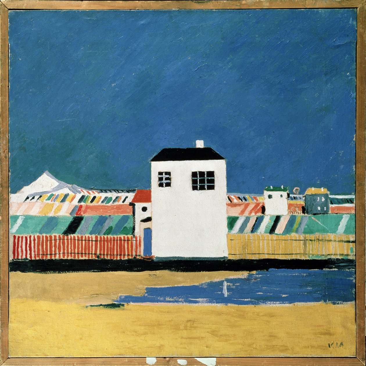Paisaje con una Casa Blanca. Pintura de Kasimir Severinovich Malevitch (Malevich, Malevic) (1878-1935), óleo sobre lienzo, hacia 1930. Arte ruso, siglo XX, vanguardia, suprematismo, constructivismo. museo estatal ruso, de Kazimir Severinovich Malevich