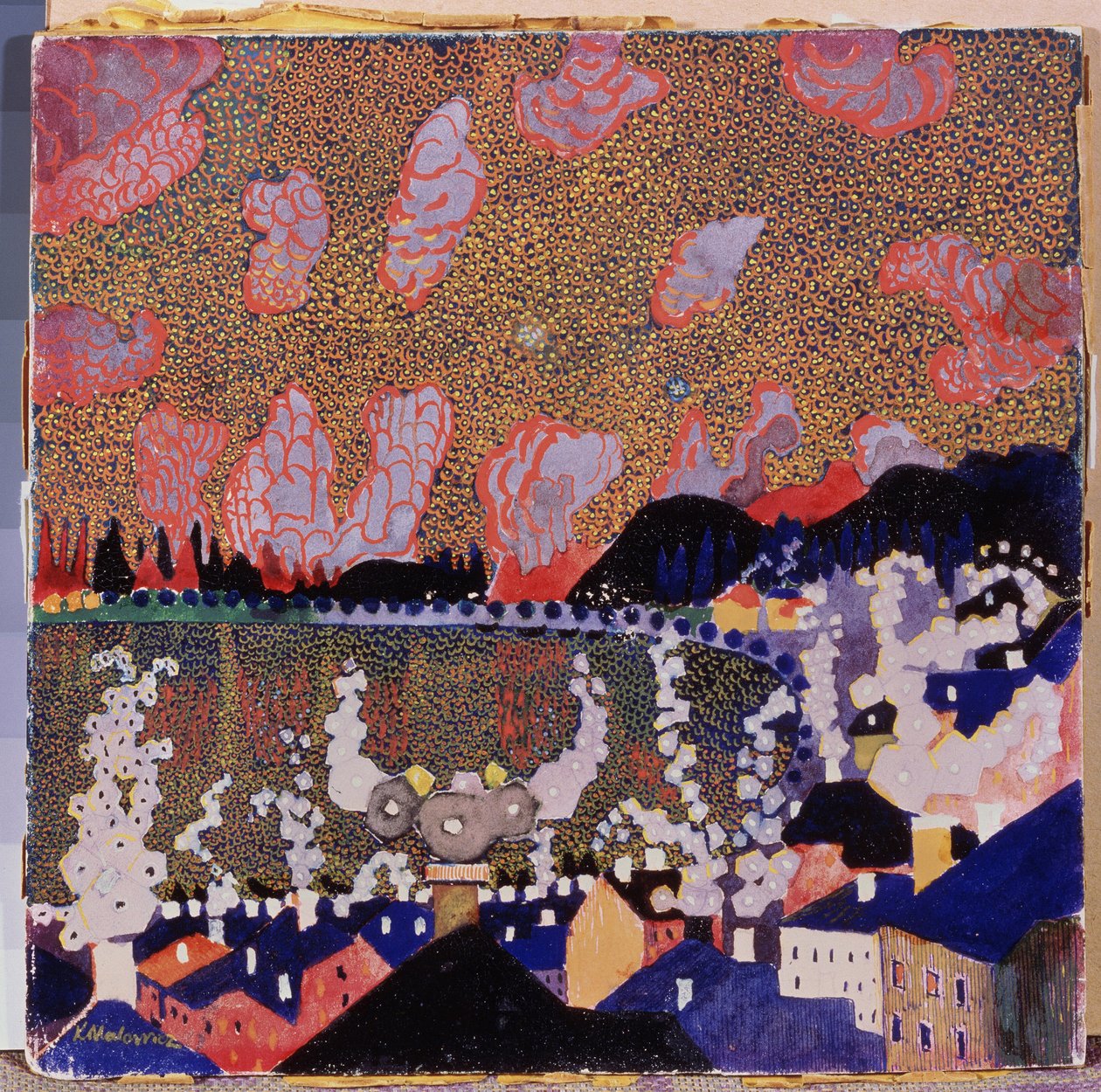 Pequeño pueblo. Pintura de Kasimir Severinovich Malevich (Malevich, Malevic) (1878-1935), óleo sobre cartón de Kazimir Severinovich Malevich