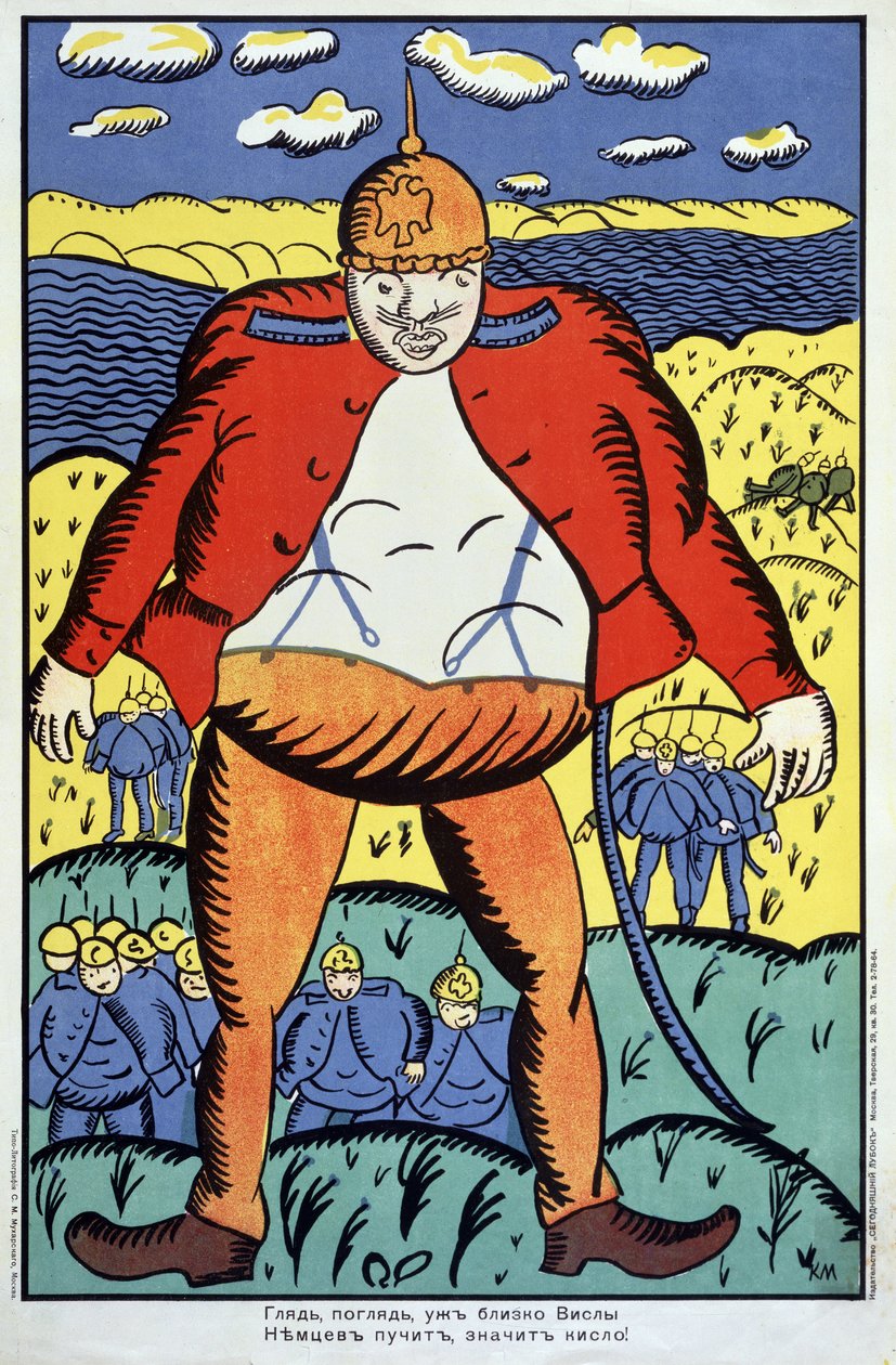 Mira, el Vístula no está lejos... (Mira, el Vístula no está lejos...). Primera Guerra Mundial (1914-1918), un gigantesco soldado alemán con su chaqueta abierta y un casco con púas, seguido por el resto de sus tropas, en Polonia, después del enfrentamiento  de Kazimir Severinovich Malevich