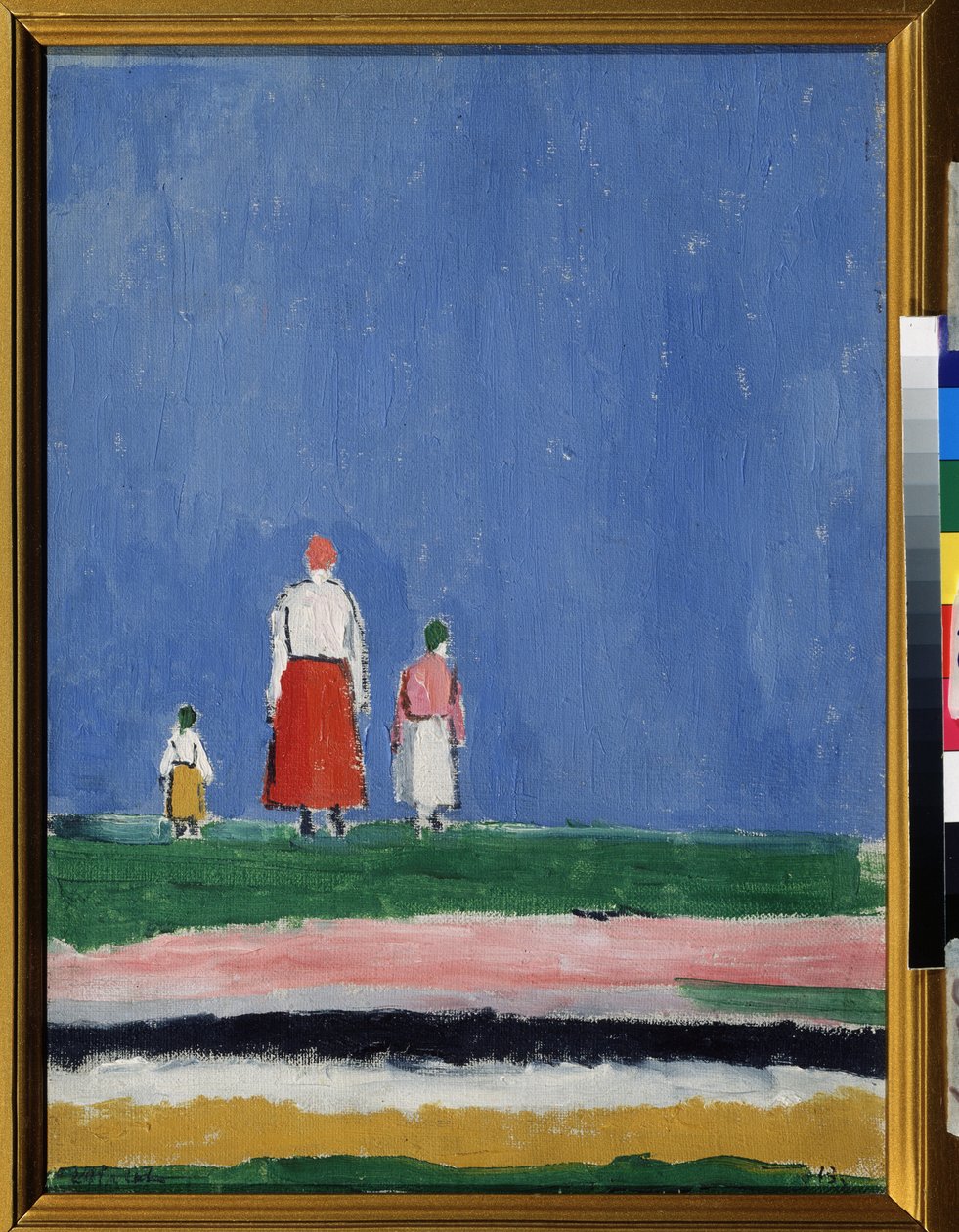 Tres Cifras (Tres Cifras). Una madre con dos hijos, representada de espaldas. Pintura de Kasimir Severinovich Malevitch (Malevich, Malevic) (1878-1935), óleo sobre lienzo 1913 o posterior a 1927. Arte ruso, vanguardias del siglo XX, suprematismo. Colección de Kazimir Severinovich Malevich