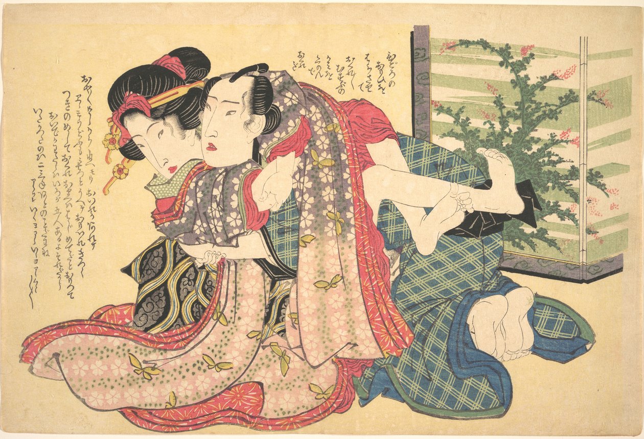 Una pareja abrazada de Keisai Eisen