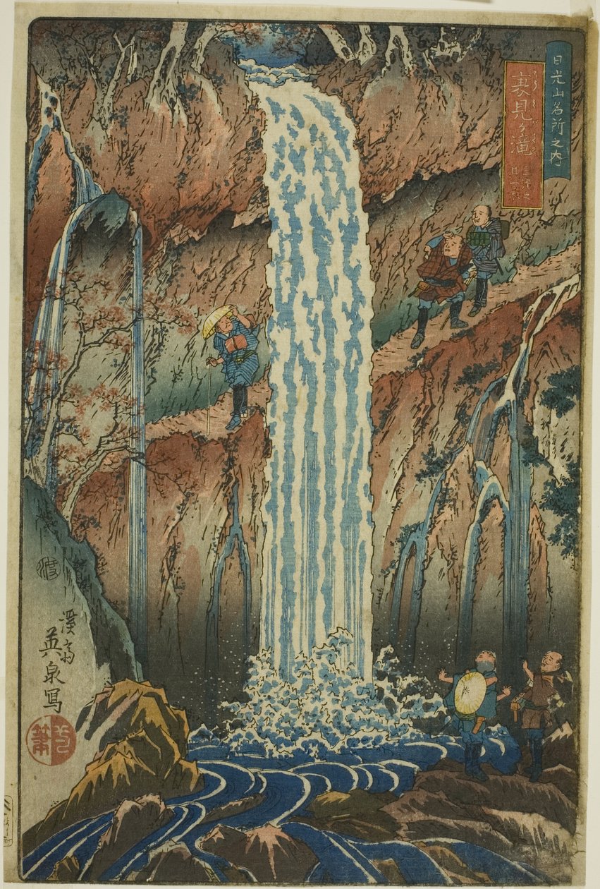 Cascadas con vista hacia atrás, una de las tres cascadas (Urami-ga-taki, santaki no sono ikkei), de la serie "Lugares escénicos famosos de las montañas de Nikko (Nikkosan meisho no uchi)" de Keisai Eisen