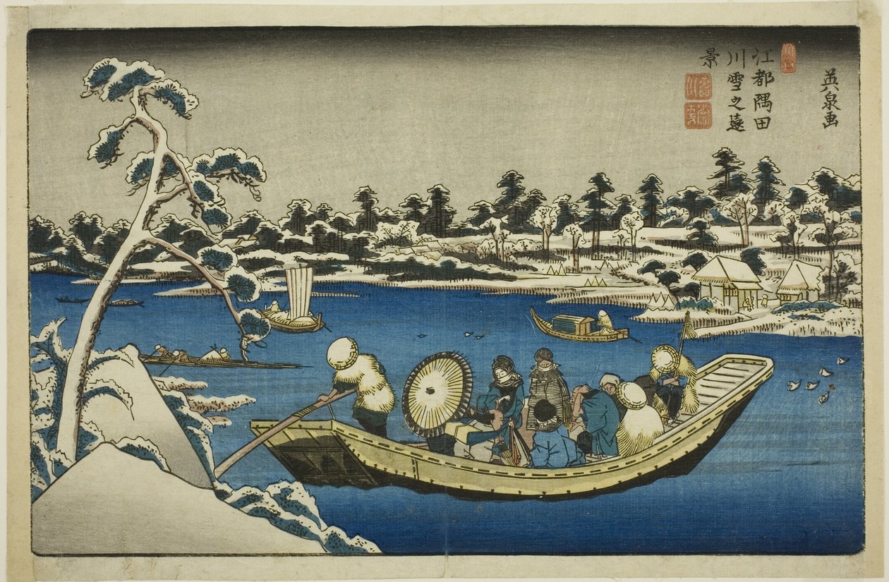 Vista lejana de la nieve en el río Sumida en Edo de Keisai Eisen
