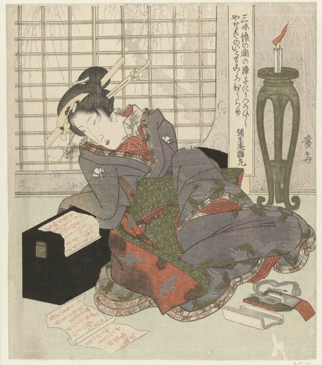 Una geisha se apoya en la caja de su shamisen de Keisai Eisen
