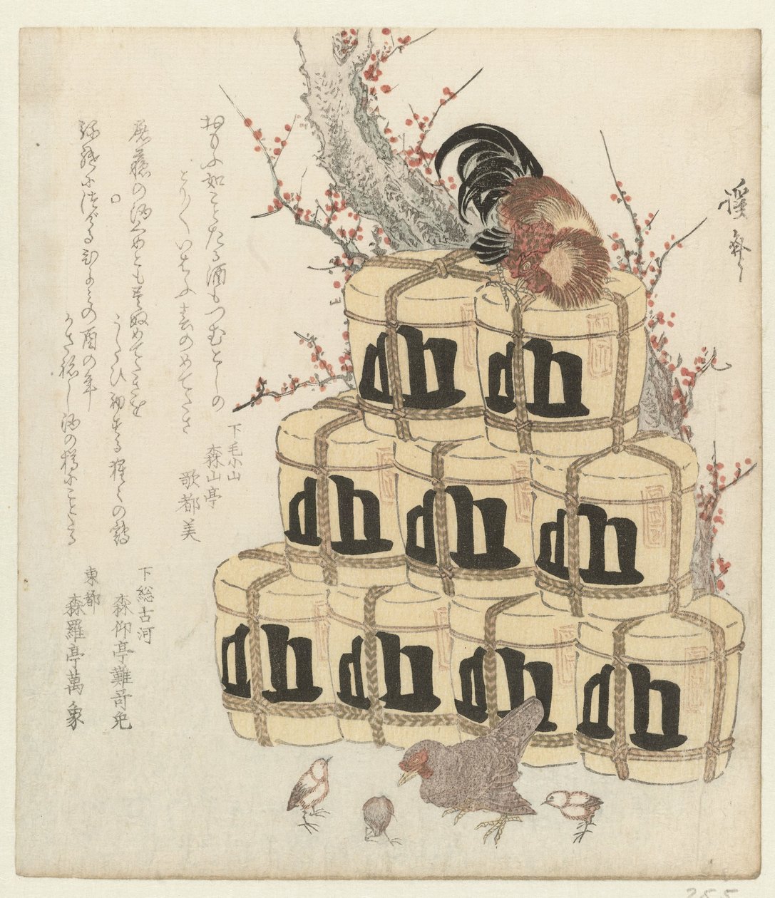Gallo en una pila de barriles de sake de Keisai Eisen