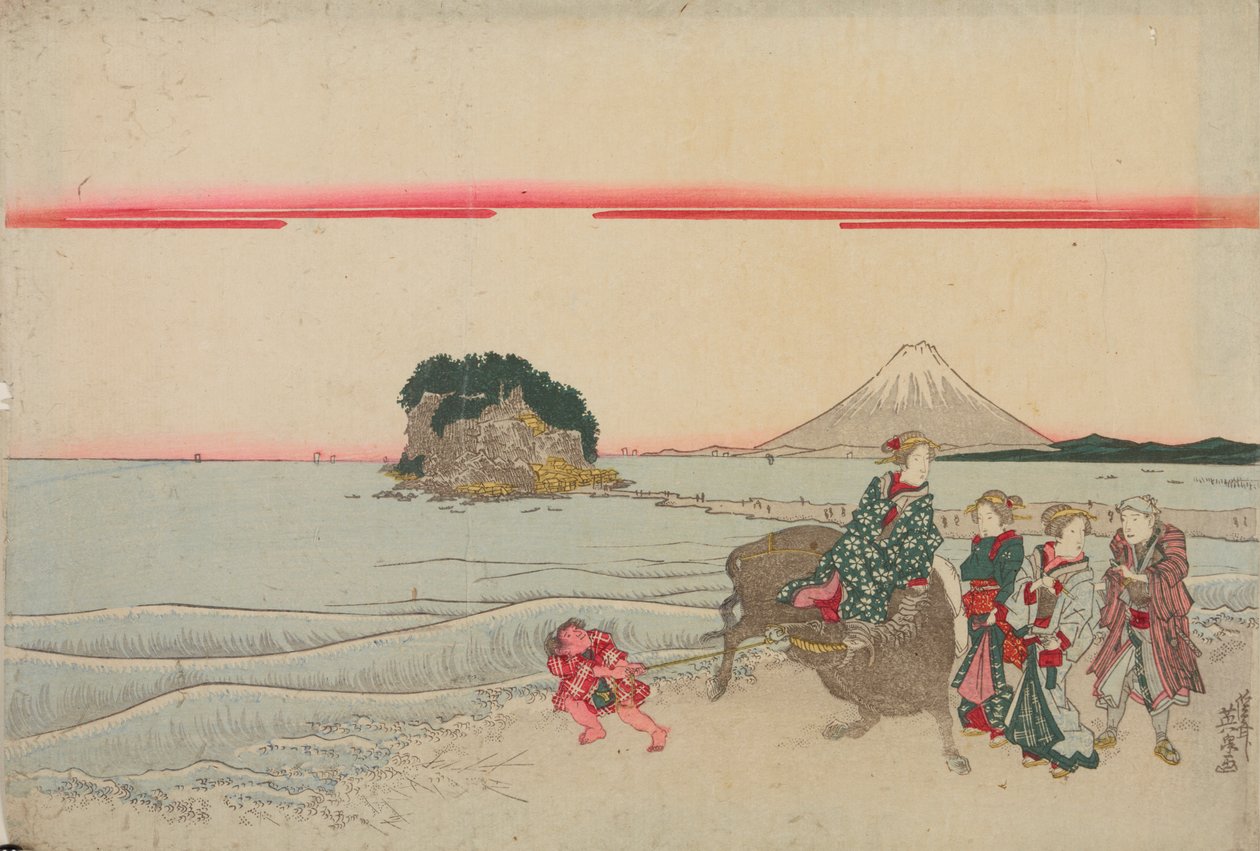 Mujer sobre un búfalo, niño y tres transeúntes junto al mar con la isla de Enoshima al fondo de Keisai Eisen
