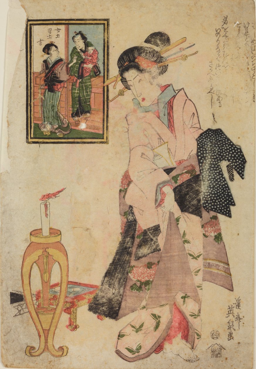 Mujer junto a un candelabro con una vela encendida de Keisai Eisen