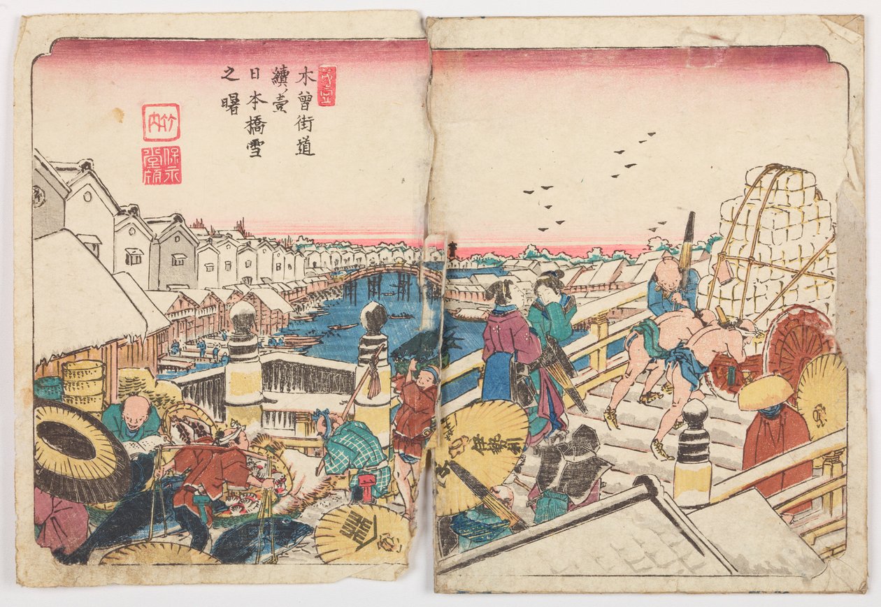 El puente Nihon-bashi en una mañana nevada, lámina n.º 1 de la serie: La ruta Kisokaido / Kisokaido rokujuku zugi de Keisai Eisen