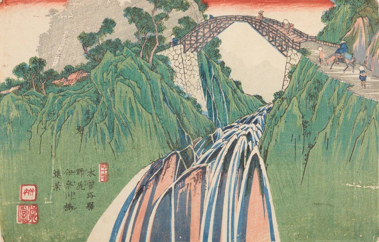 Puente sobre el río Inagawa en Nojiri, lámina n.º 40 de la serie: La ruta Kisokaido / Kisoi no eki de Keisai Eisen