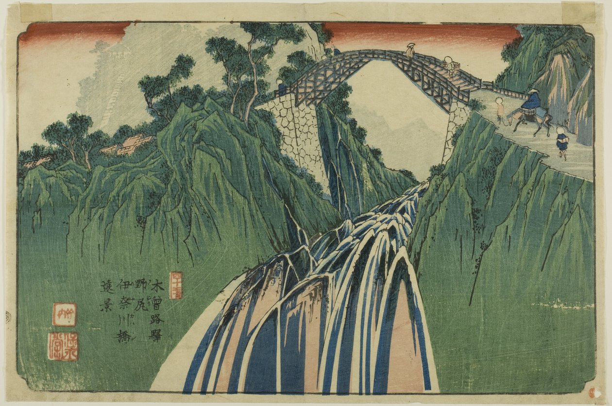 No. 41: Vista lejana del puente del río Ina en Nojiri (Yonjuichi: Noriji Inagawabashi enkei), de la serie "[Sesenta y nueve estaciones del] Kisokaido". de Keisai Eisen