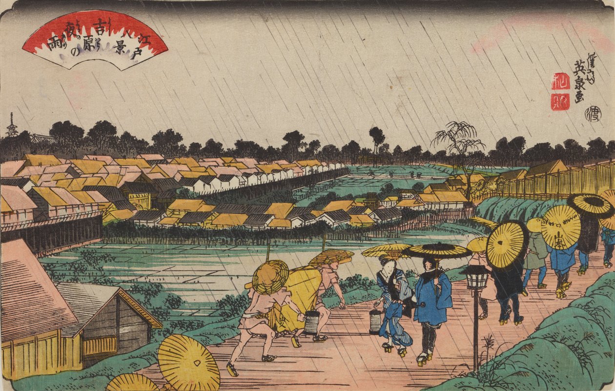 Lluvia nocturna en Yoshiwara / Yoshiwara-no yoru-no ame, de la serie: Ocho vistas de Edo / Edo hakkei de Keisai Eisen