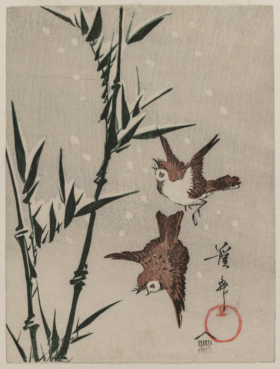 Gorriones, Bambú y Nieve Cayendo, c. finales de 1820 de Keisai Eisen