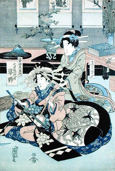 Dos damas sentadas, una tocando el samisen de Keisai Yeisen