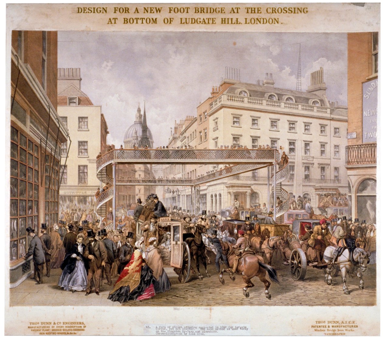 Diseño para un nuevo puente peatonal en el cruce de Ludgate Hill y Fleet Street, Ciudad de Londres, 1862 de Kell Brothers