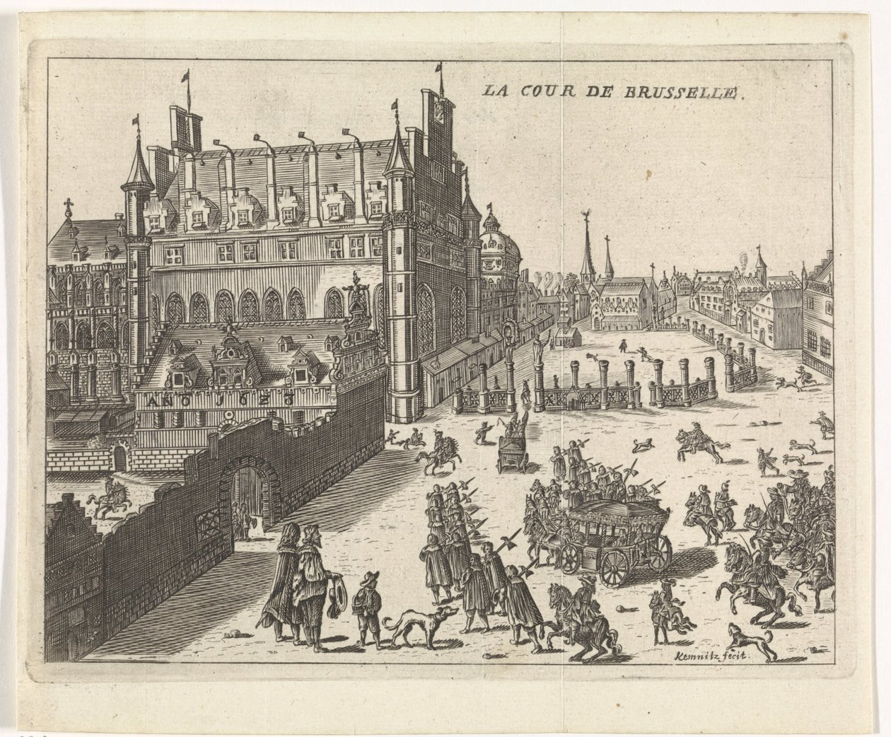 Vista de la corte de Bruselas, 1673. La cour de Brusselle (título sobre objeto) de Kemnitz