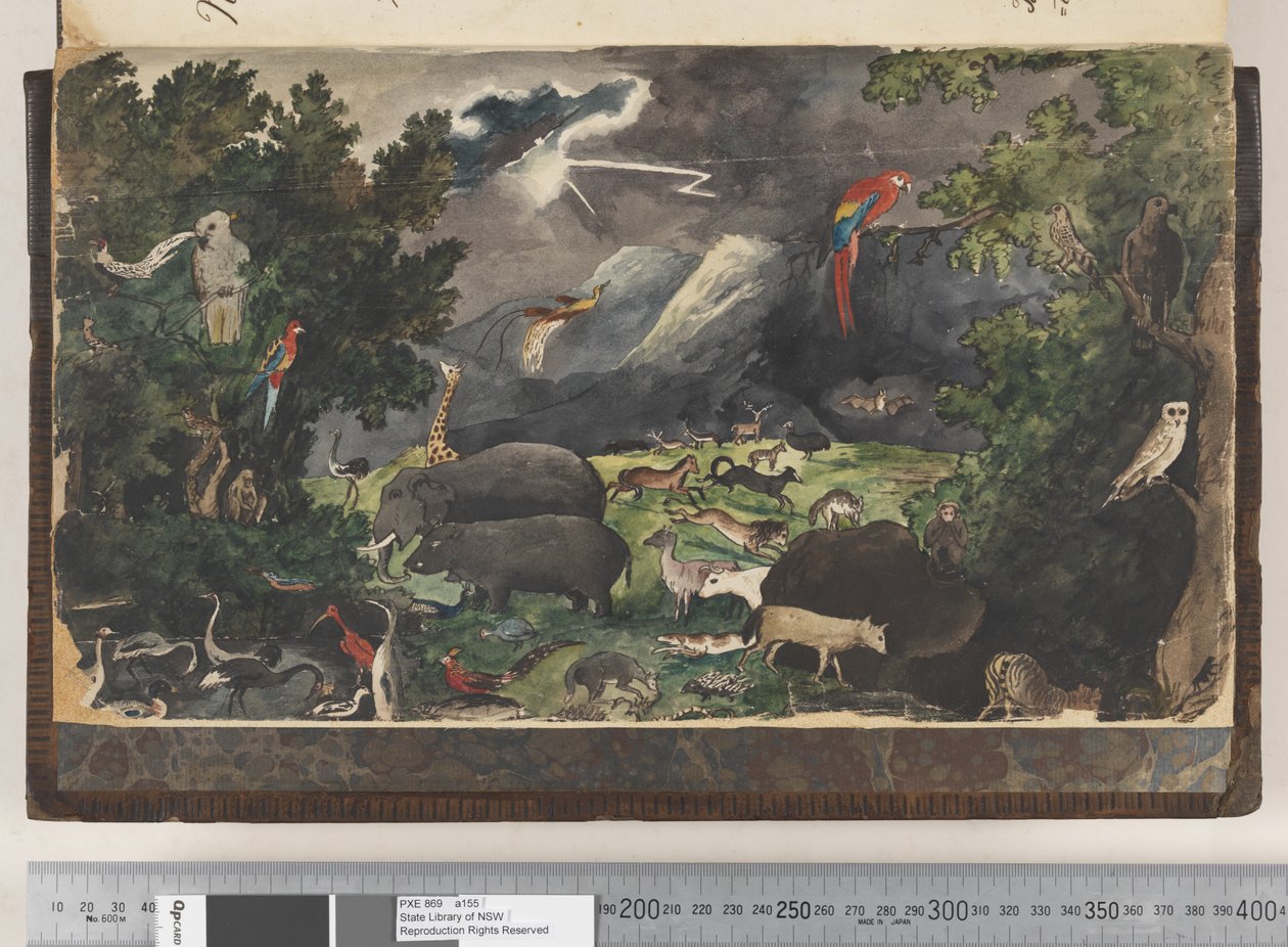 Frontispicio: Sin título, Reino apacible, paisaje con aves y animales de Kenelm Henry Digby