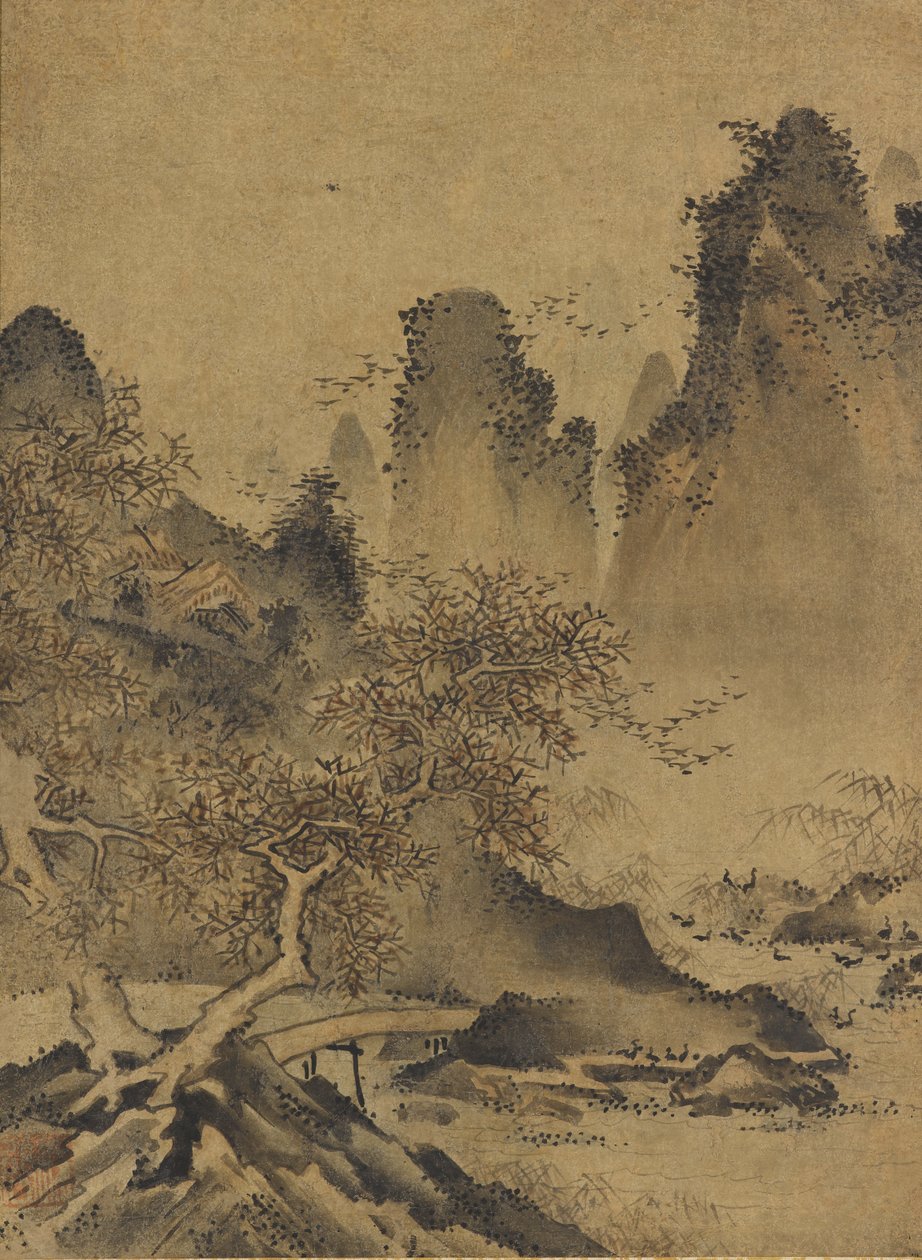 Paisaje: montañas, arroyo y puente de Kenkō Shōkei