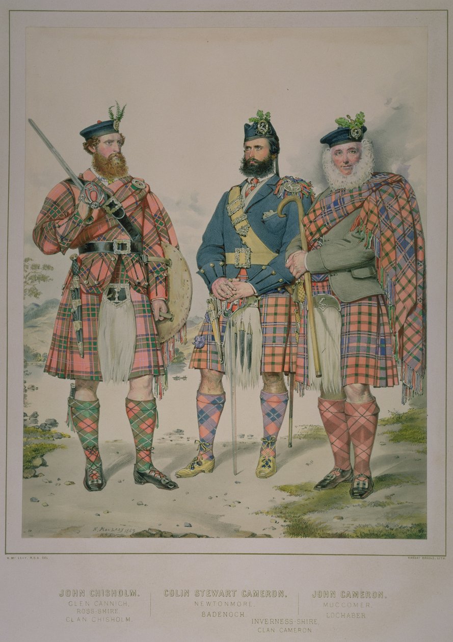 Triple retrato de John Chisholm, Colin Stewart Cameron y John Cameron, hombres del Clan Chisholm y Clan Cameron, publicado en The Highlander of Scotland de 1870, 1869 de Kenneth Macleay