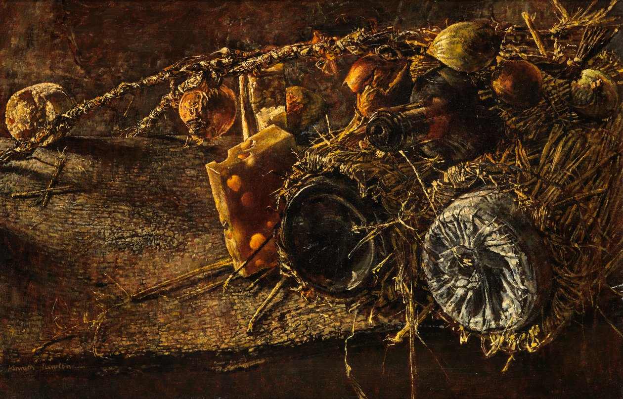 Naturaleza muerta con queso y botellas de Kenneth Newton
