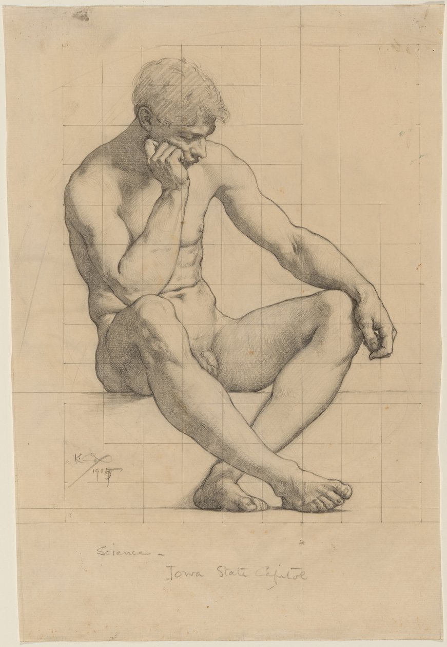 Desnudo masculino sentado: estudio para «Ciencia» - Capitolio del Estado de Iowa de Kenyon Cox