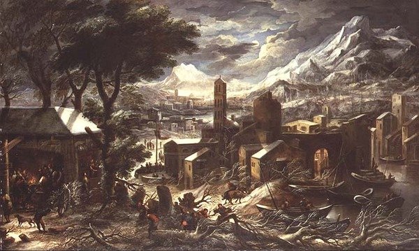 Un extenso paisaje alpino de invierno de Kerstiaen de (circle of) Koninck