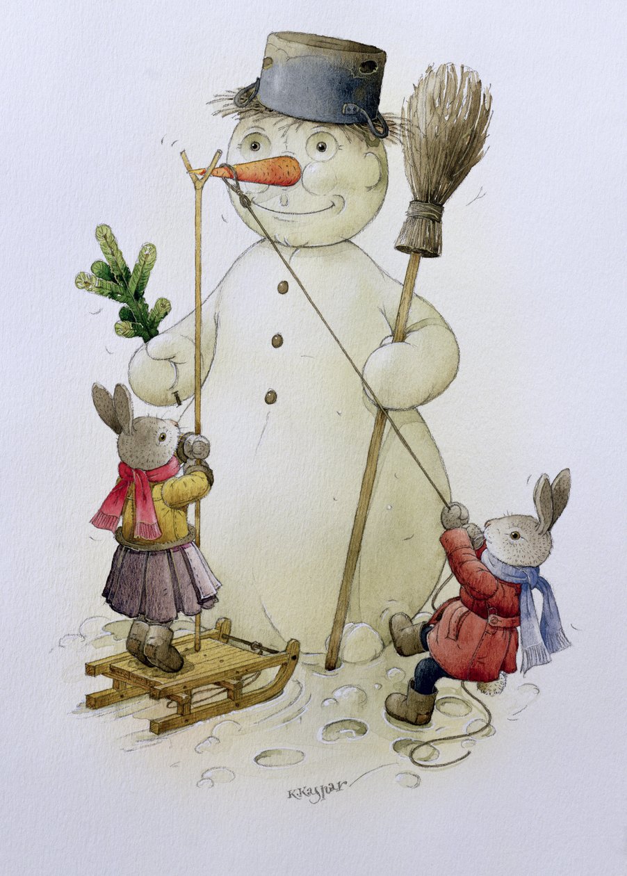 Muñeco de nieve y liebres de Kestutis Kasparavicius