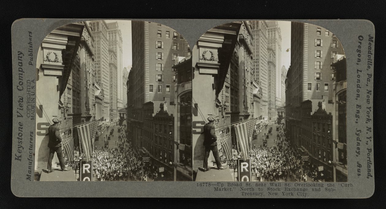 Subiendo por Broad St. cerca de Wall St., con vistas al "Curb Market", hacia el norte hasta la Bolsa y el Sub-Tesoro, Nueva York de Keystone View Company
