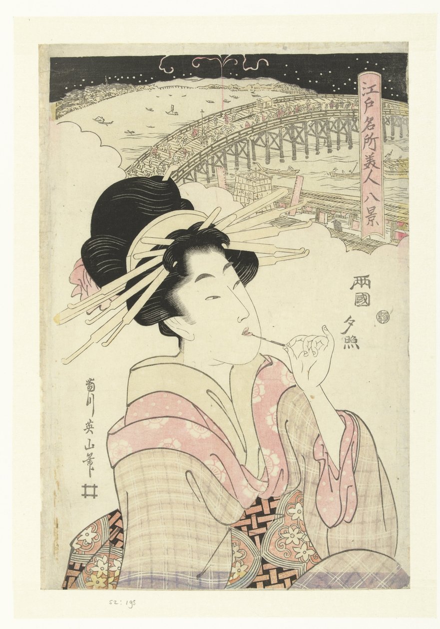 Resplandor vespertino en Ryogoku Ryogoku no sekisho (título sobre objeto) Ocho caras de lugares famosos y bellezas en Edo (título de la serie) Edo meisho bijin hakkei (título de la serie) de Kikugawa Eizan