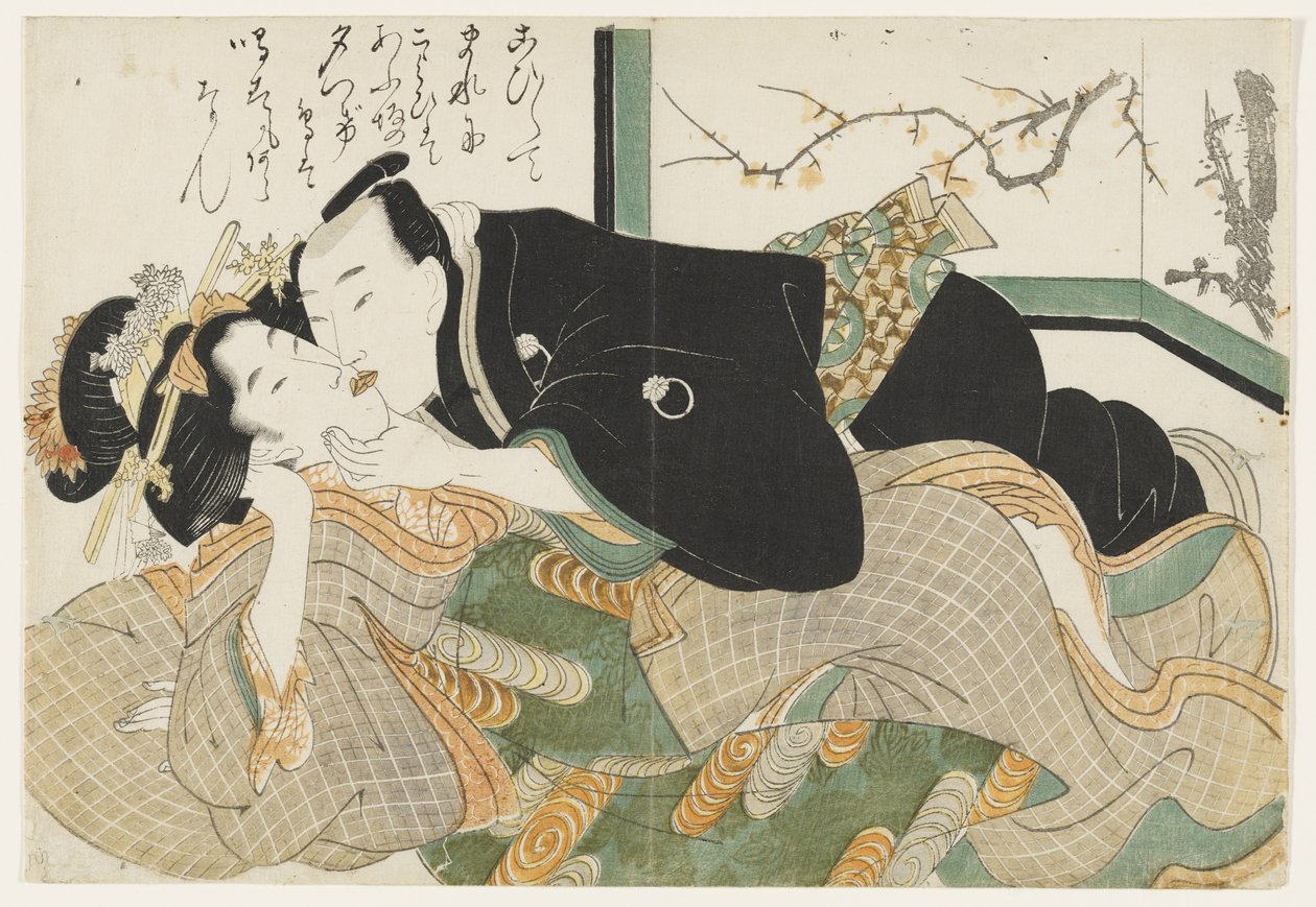 (Una cortesana y un hombre besándose) de Kikukawa Eizan