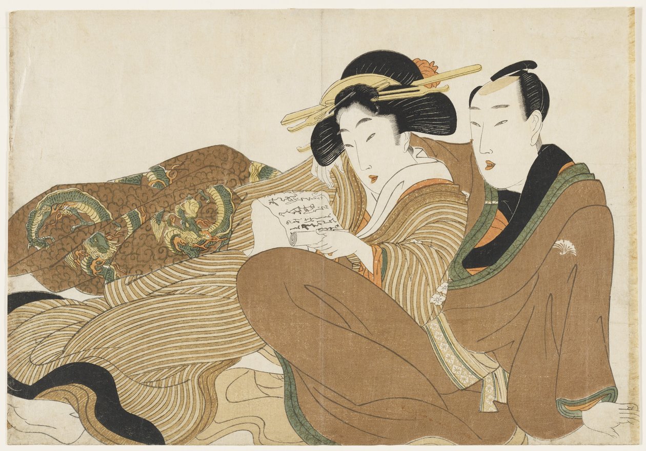(Pareja reclinada leyendo una carta de amor) de Kikukawa Eizan