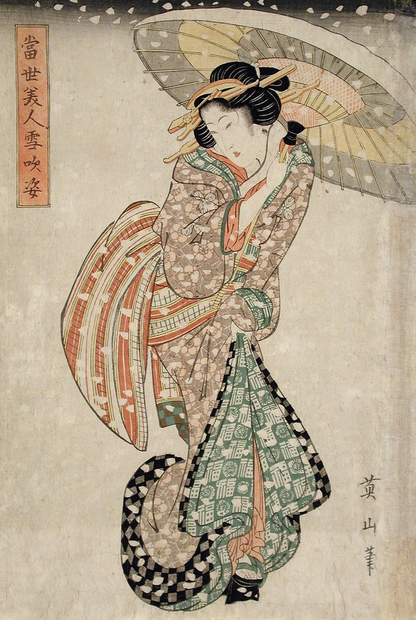 Belleza moderna en una tormenta de nieve de Kikukawa Eizan