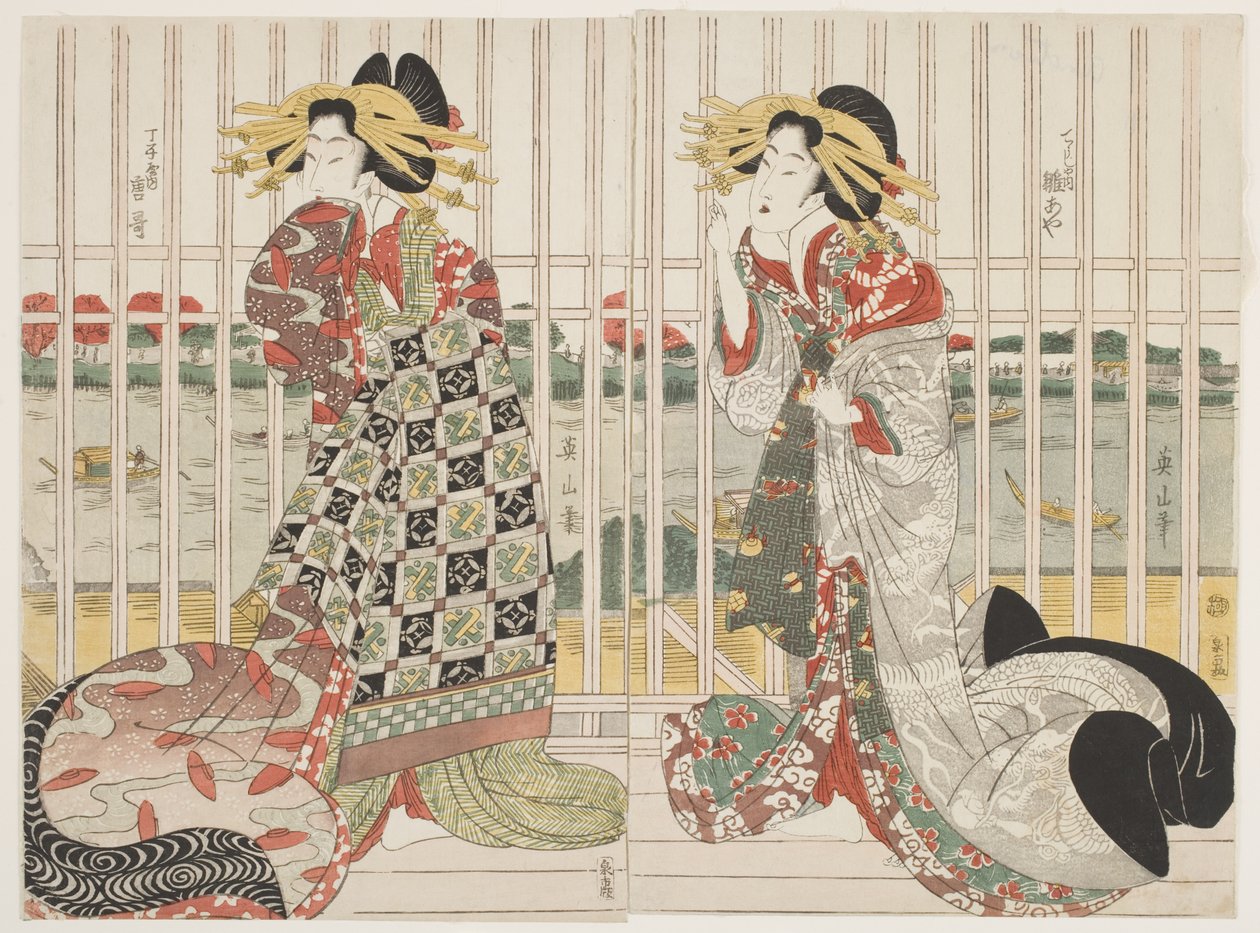 Las cortesanas Hinaya y Karauta detrás de la ventana enrejada de la casa Chojiya junto al río Sumida en la temporada de los cerezos en flor de Kikukawa Eizan