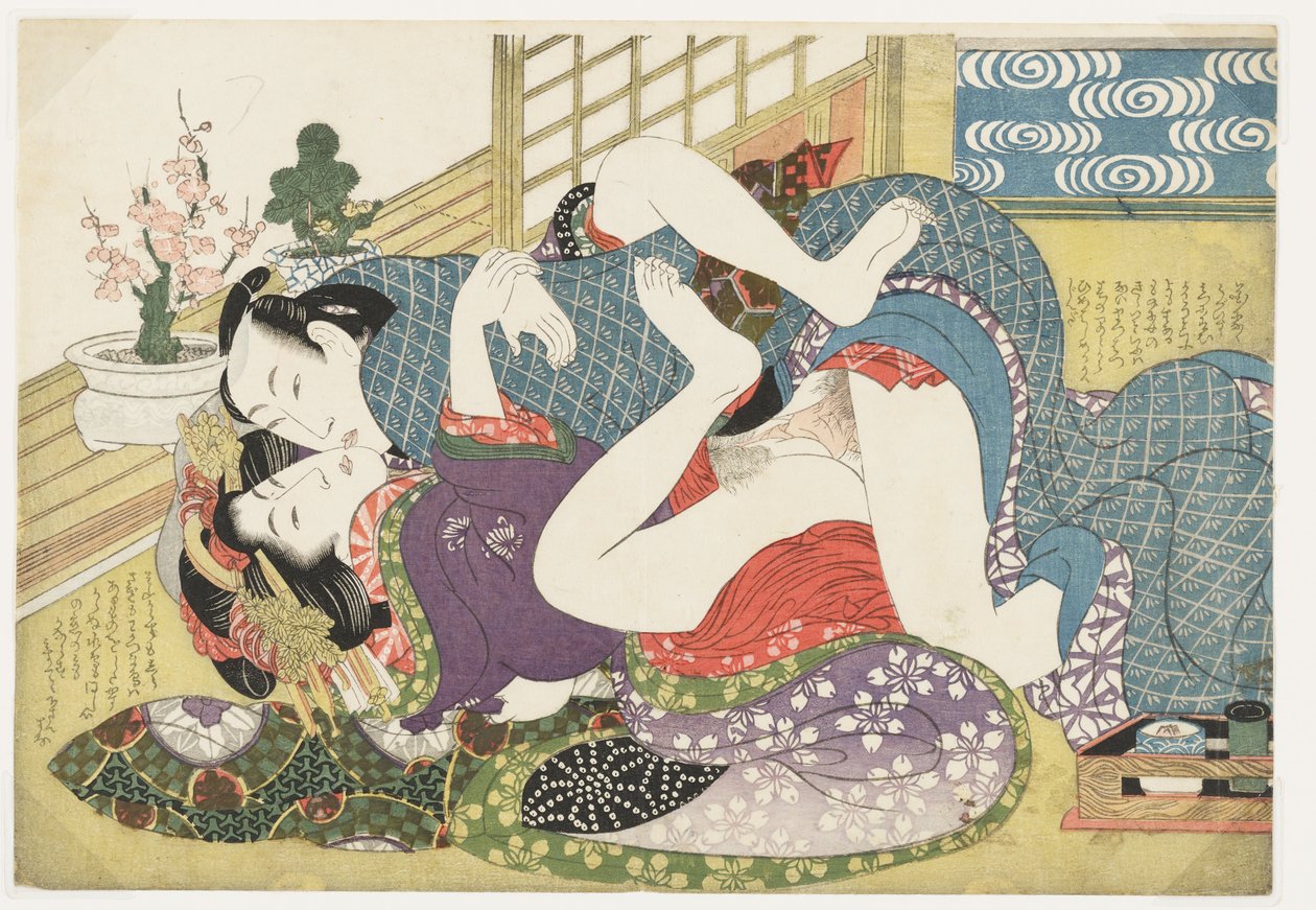 Jóvenes amantes en Año Nuevo, de Selecciones del barrio del brocado (E-awase kingaishō) de Kikukawa Eizan