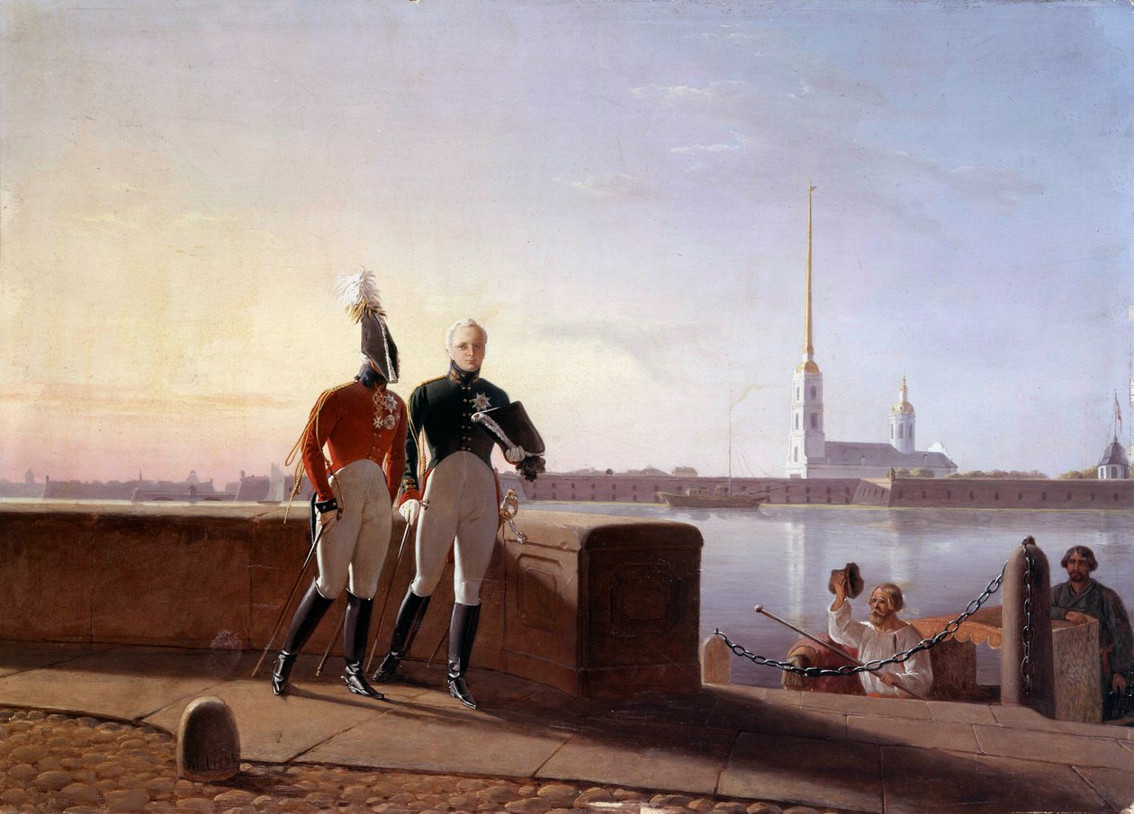 El zar ruso Alejandro I (1777-1825) y su hermano Constantino al borde del Neva Pintura de Kil (siglo XIX) Museo del Hermitage, San Petersburgo de Kil