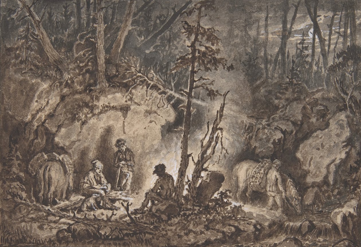 Cazadores descansando en un bosque por la noche, 1830-60 de Kilian Christoffer Zoll