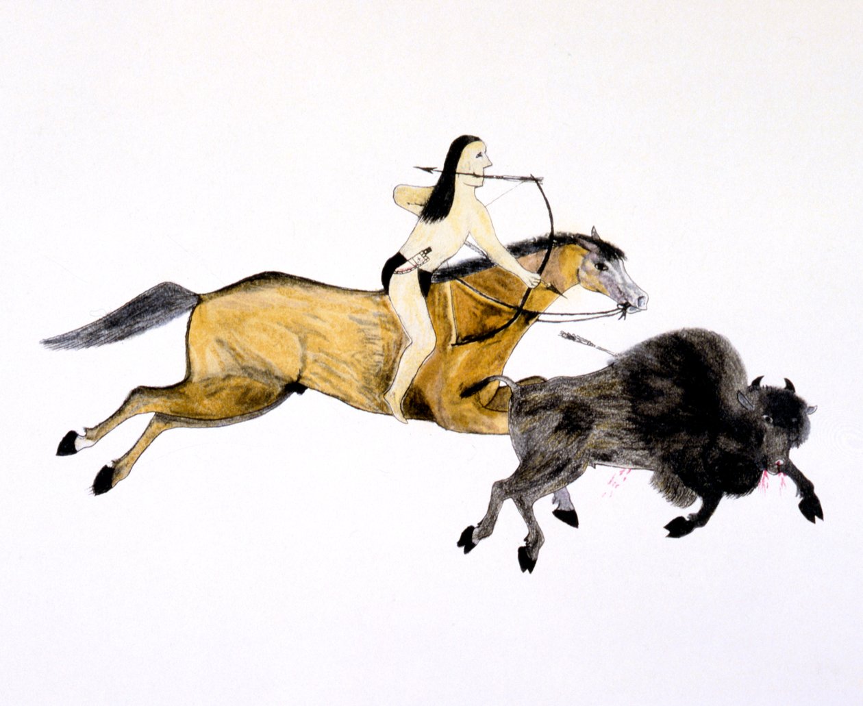 Indio de las Grandes Llanuras cazando búfalo con arco y flecha, c. 1890-c. 1927 de Kills Two