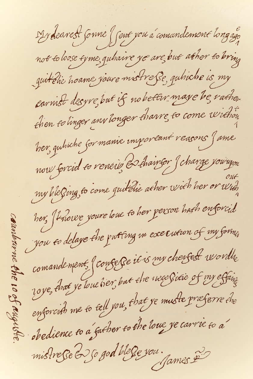 Facsímil de una carta fechada el 10 de agosto de 1623 de James I a Prince Charles, impresa por Manzi Joyant & Co. París, 1904 de King James I