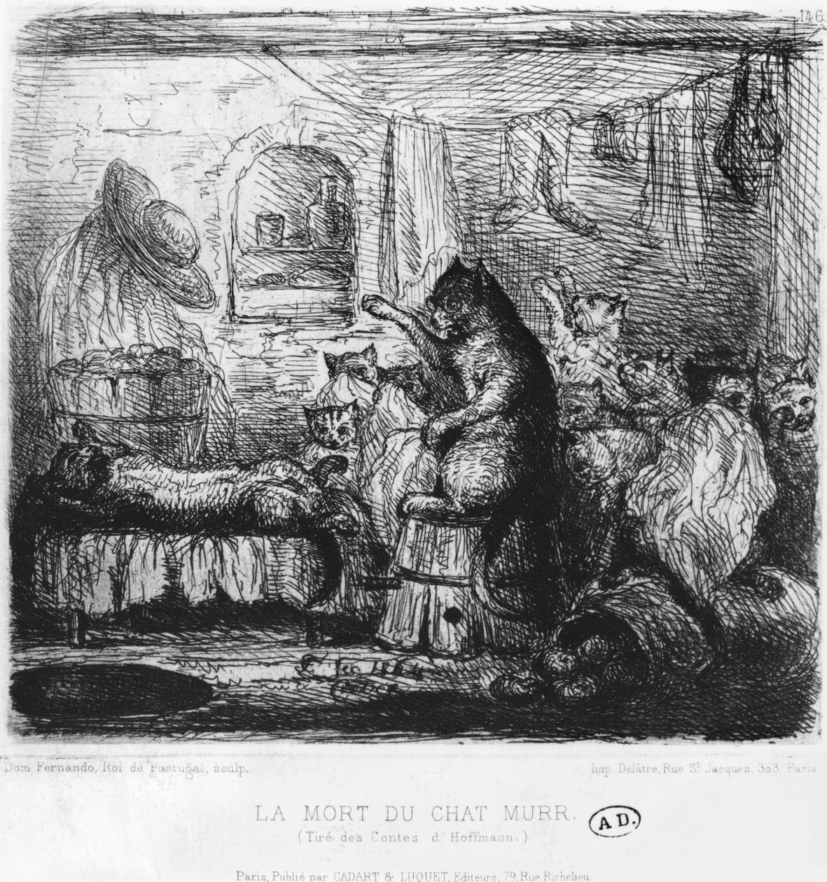 Muerte del gato Murr, ilustración de Die Lebensansichten des Katers Murr de Ernst Theodor Amadeus Hoffmann (1776-1822) publicado 1820-22 de King of Portugal Fernando II