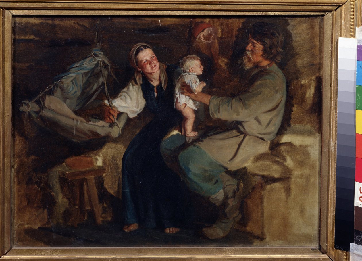 Alegría de los padres. En un interior modesto, una pareja de campesinos, el padre sentado, sostiene a su bebé semidesnudo, de pie en equilibrio sobre sus rodillas, a sus costados, la madre sonríe y sostiene la cuna suspendida. Pintura de Kirill (Karl) Vike de Kirill Vikentievich Lemoch