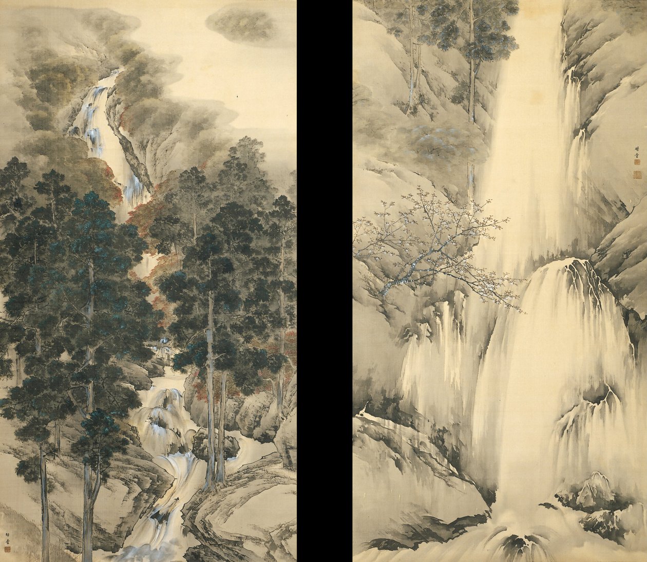 Cascada en Primavera y Otoño Conjunto de dos pergaminos colgantes de Kishi Chikudo