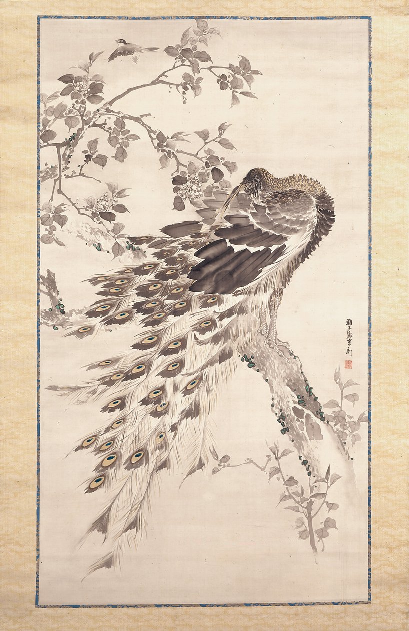 Peacock On Cherry-Apple Tree (tinta y color sobre seda) de Kishi Ganku